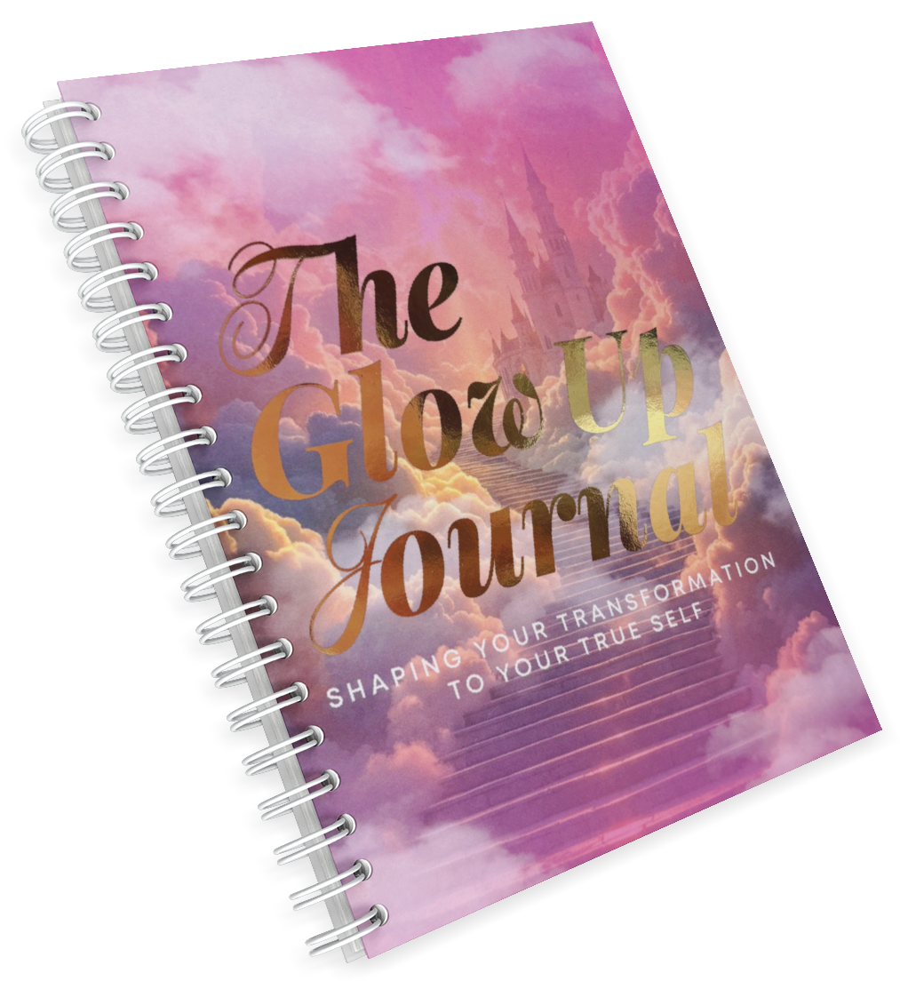 A spiral notebook with the words `` the glow up journal '' on it