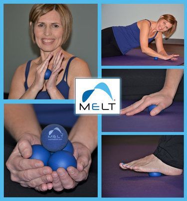 MELT Method self-treatment balls used on neck, arm, hand, and foot. Blue balls, smiling woman.