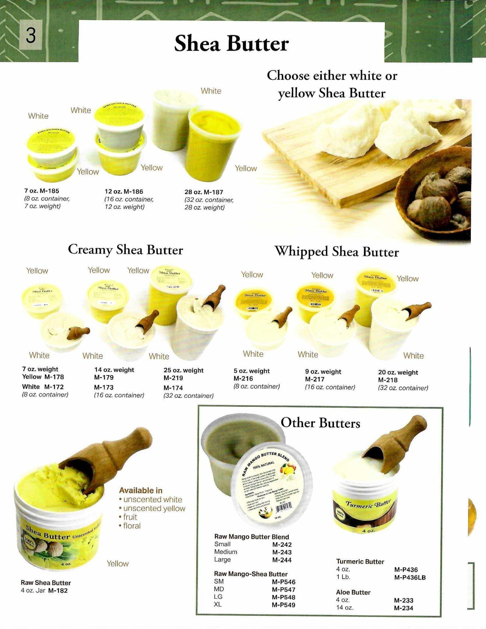 Shea butter product display with various forms and preparations.