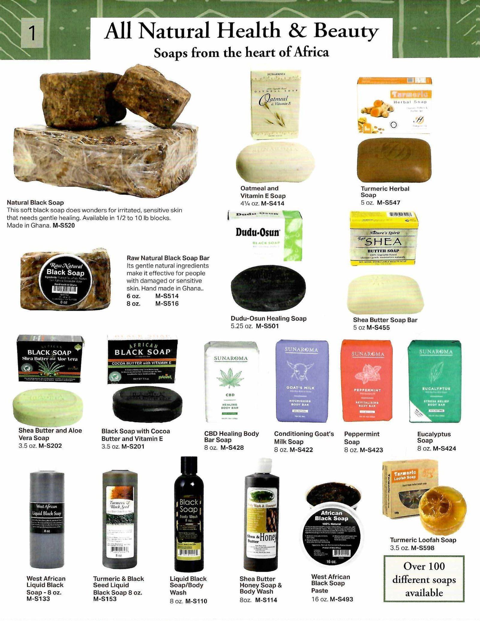 Page of all-natural health & beauty products from Africa, including soaps, oils, and scrubs.