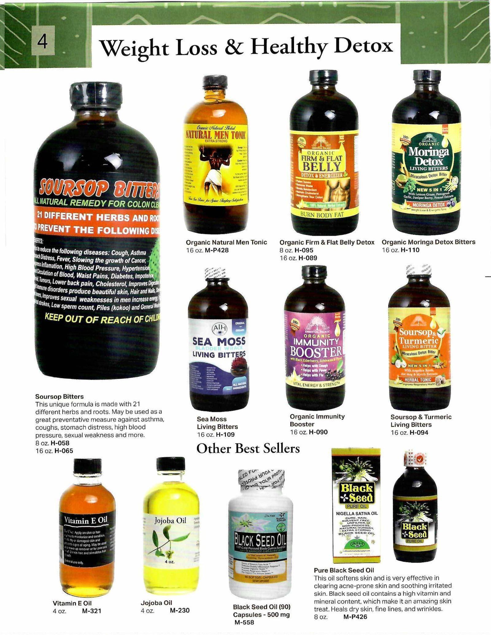 Assortment of health tonics and supplements; weight loss and detox products. Bottles and containers are various colors and sizes.