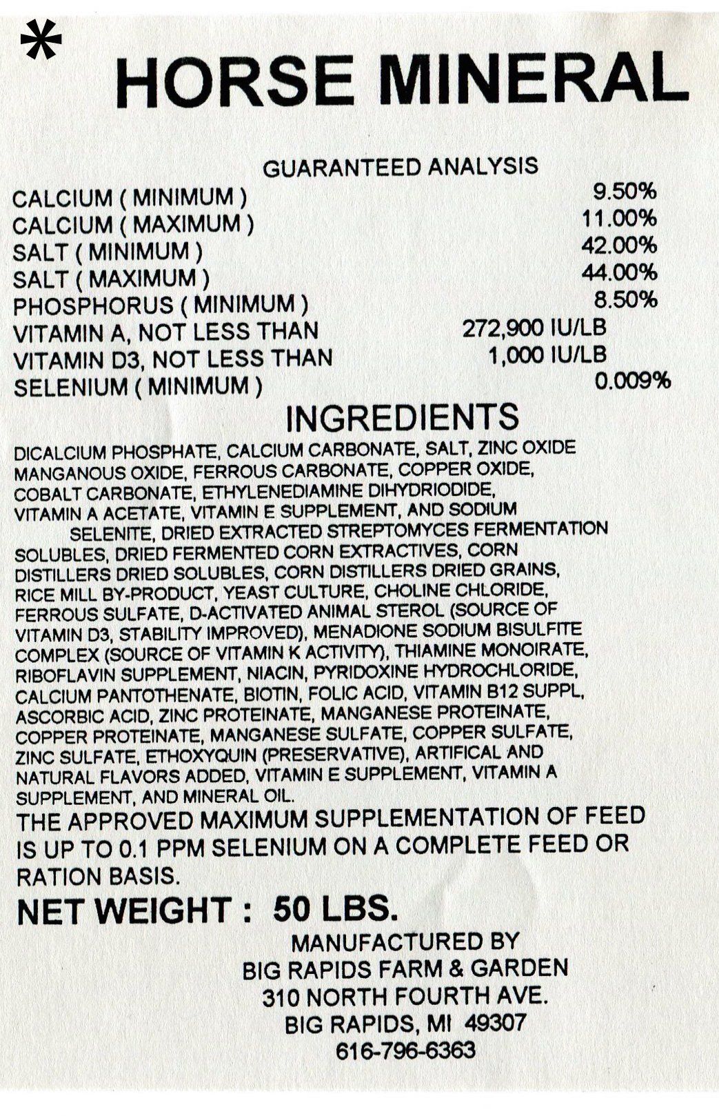 A label for horse mineral with ingredients and net weight