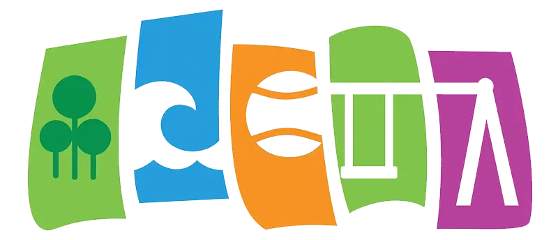 Colorful graphic with trees, waves, a ball, and a swing set, suggesting recreational activities.