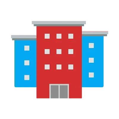 A colorful illustration of a building complex, red center building, blue flanking buildings, gray roof.