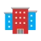 A red and blue building with square windows on a white background.