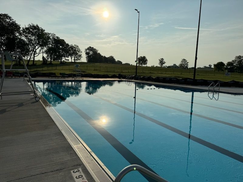 An empty swimming pool with lane markers reflects the sunny sky.