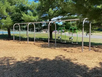 A row of swings in a park surrounded by trees.