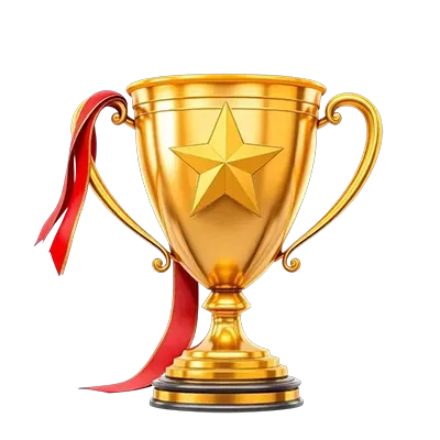 Golden trophy with red ribbon and star.
