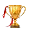 A gold trophy with a star on it and a red ribbon.