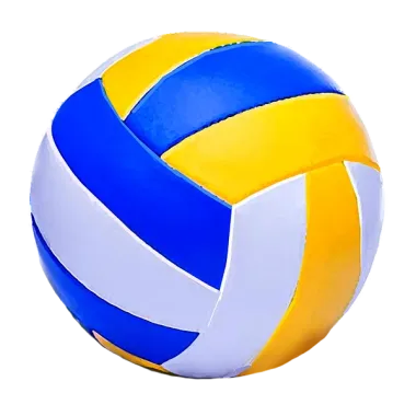 A blue and yellow volleyball on a white background