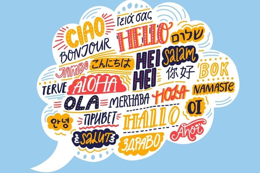 A speech bubble that says hello in many different languages
