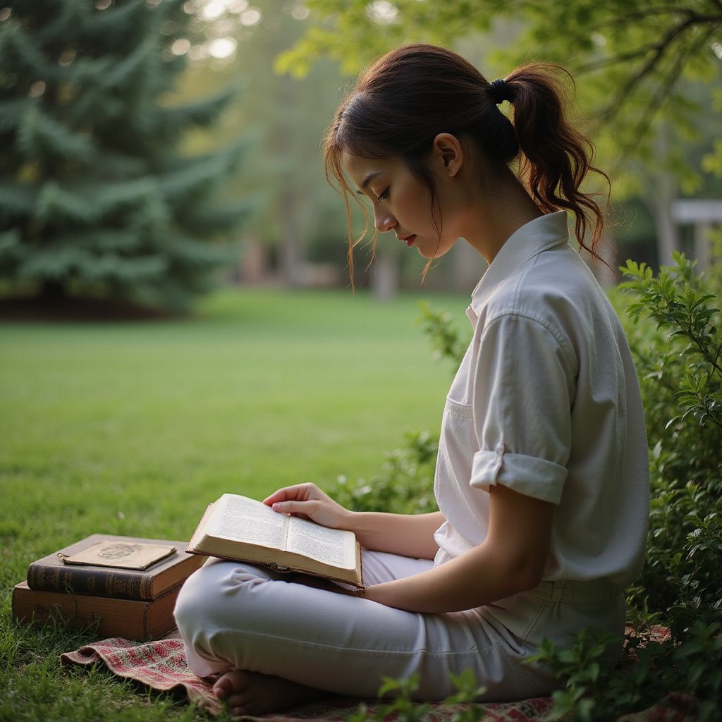 Woman with ponytail, reading a book outdoors, seated on a blanket in a grassy area with trees.