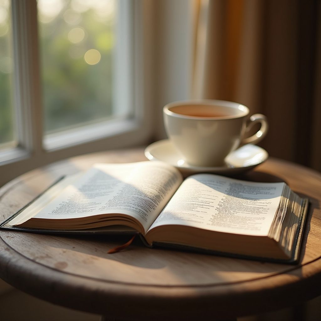 Open book and cup of tea on a small round table near a window, soft light.