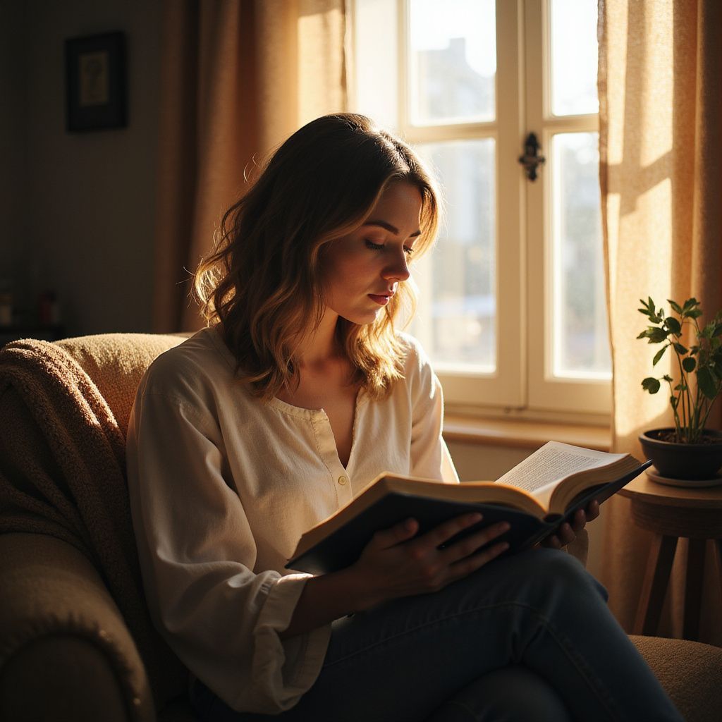 Woman reading a book in a sunny room, seated in a comfy chair near a window.