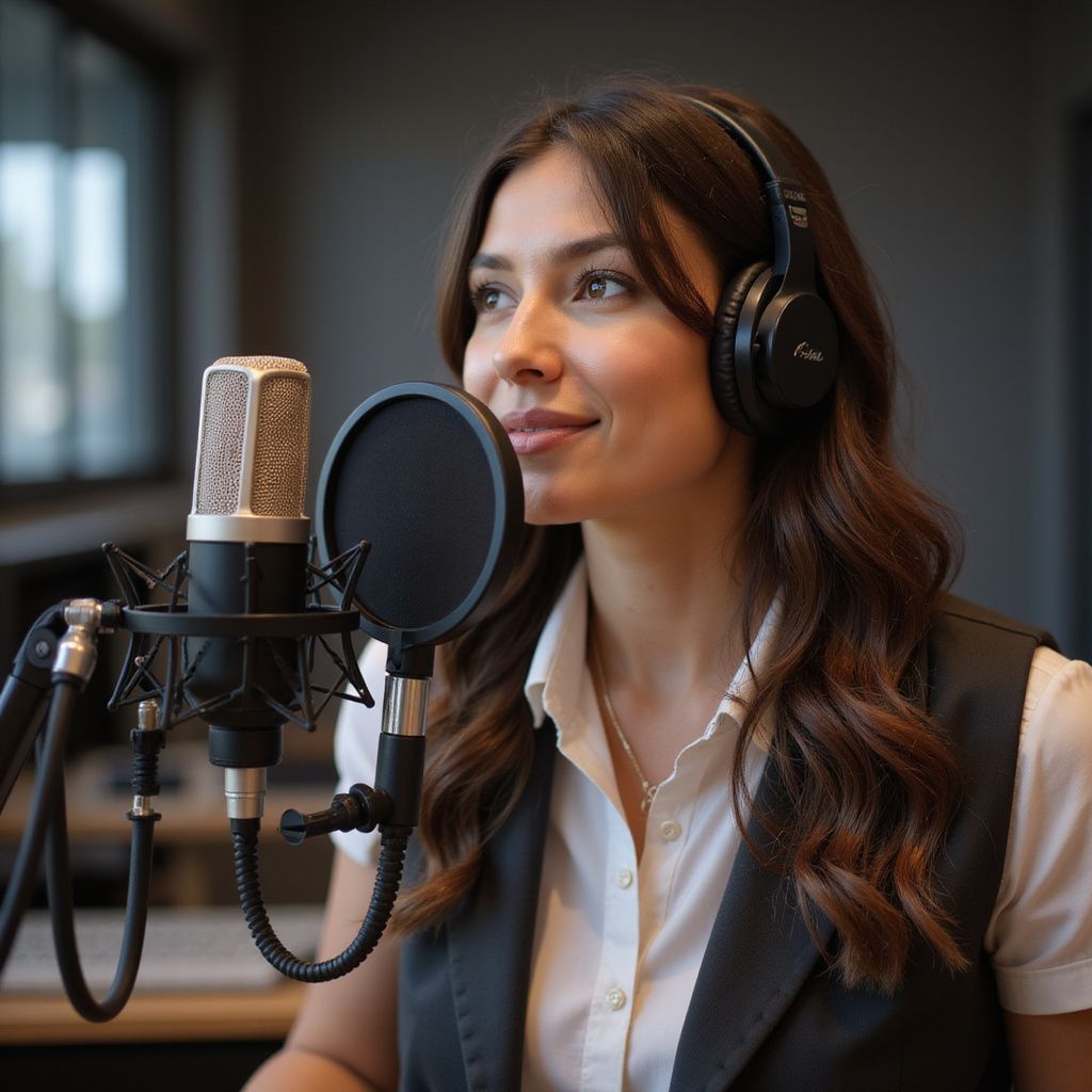 Woman with headphones and microphone in a recording studio, smiling.