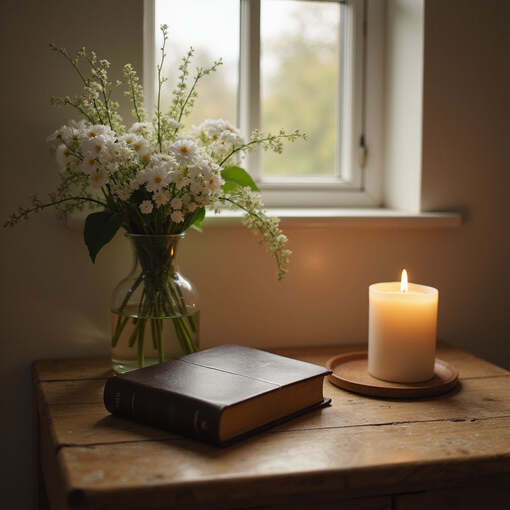 Book, flowers, and lit candle on a wooden table by a window, warm light.
