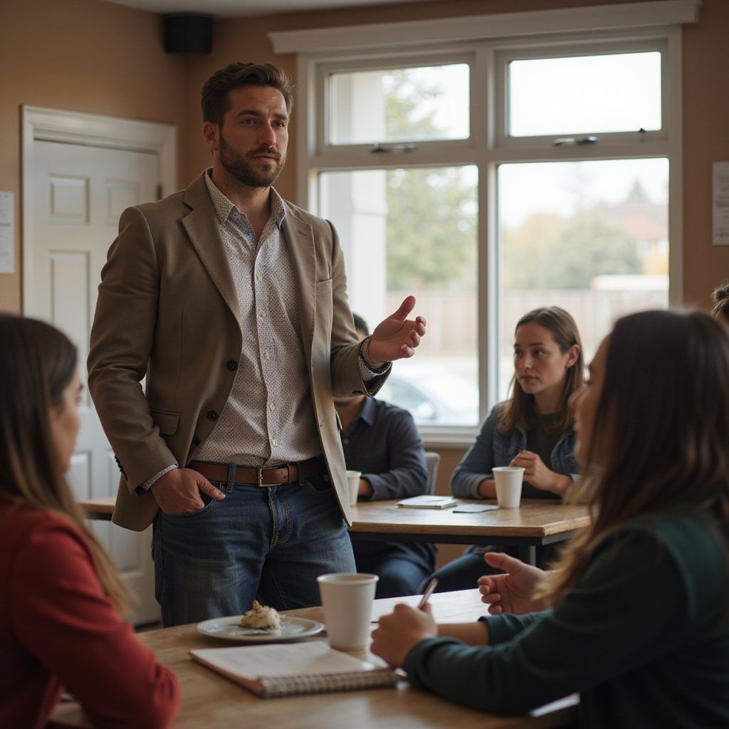 A man in a tan blazer speaks to a group of students in a classroom.