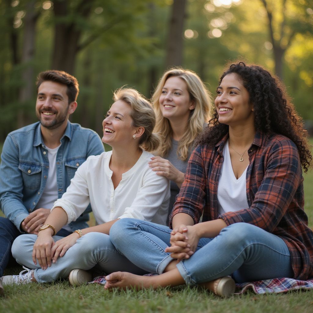 Four friends sitting on grass, smiling. Two women have their arms around each other. Outdoors, daytime.