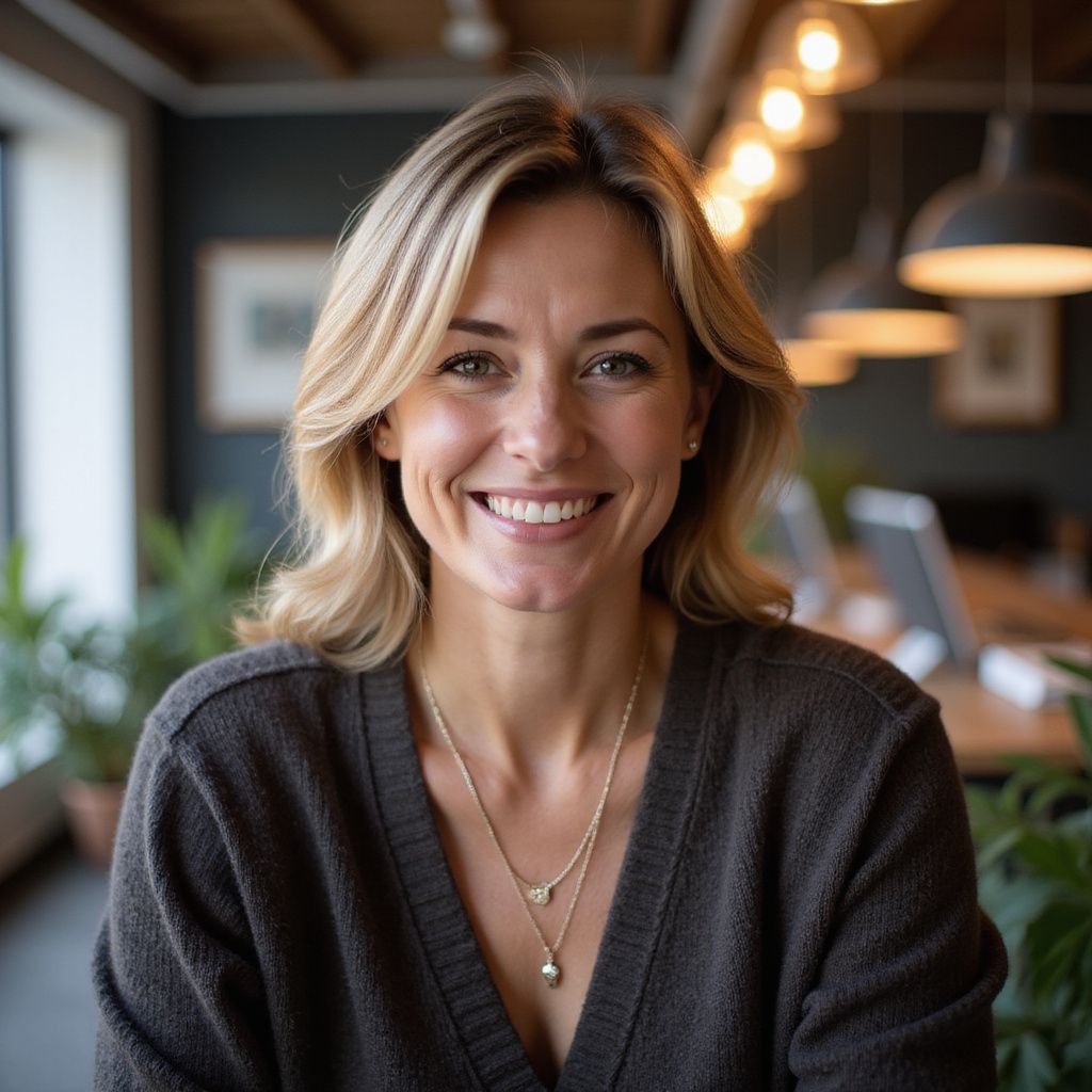 Smiling woman with blonde hair, wearing a gray sweater and necklace, in an office setting with warm lighting.