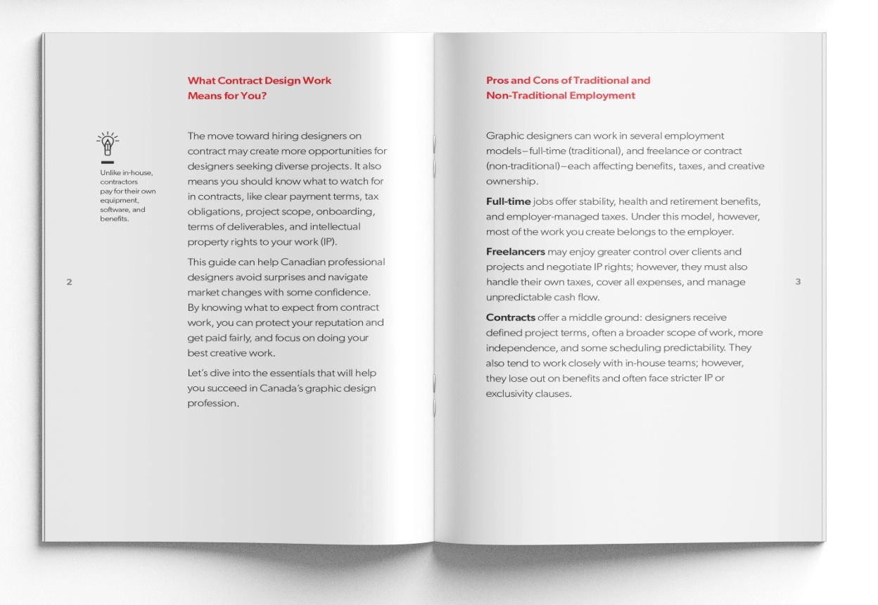 Pages from a brochure with text about graphic design work and traditional deployment, with side-by-side comparisons.