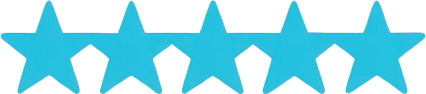 Five turquoise stars in a row on a white background