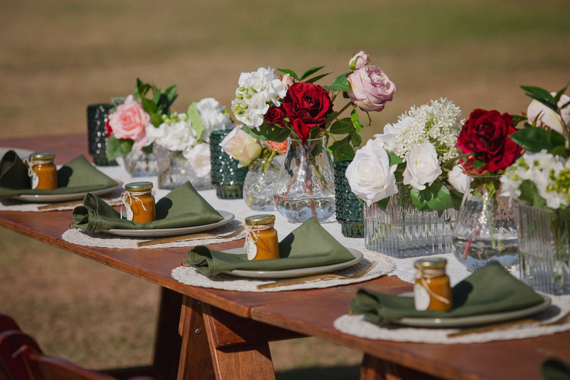 Detailed view of a wedding table arrangement, showcasing Darwin's floral artistry.