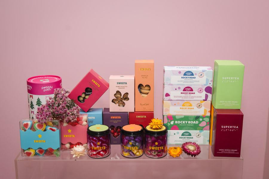Delicious Brands of goodies in store. Pebbly Path, Sweeta, Pure Indulgence Chocolates, Tea's 