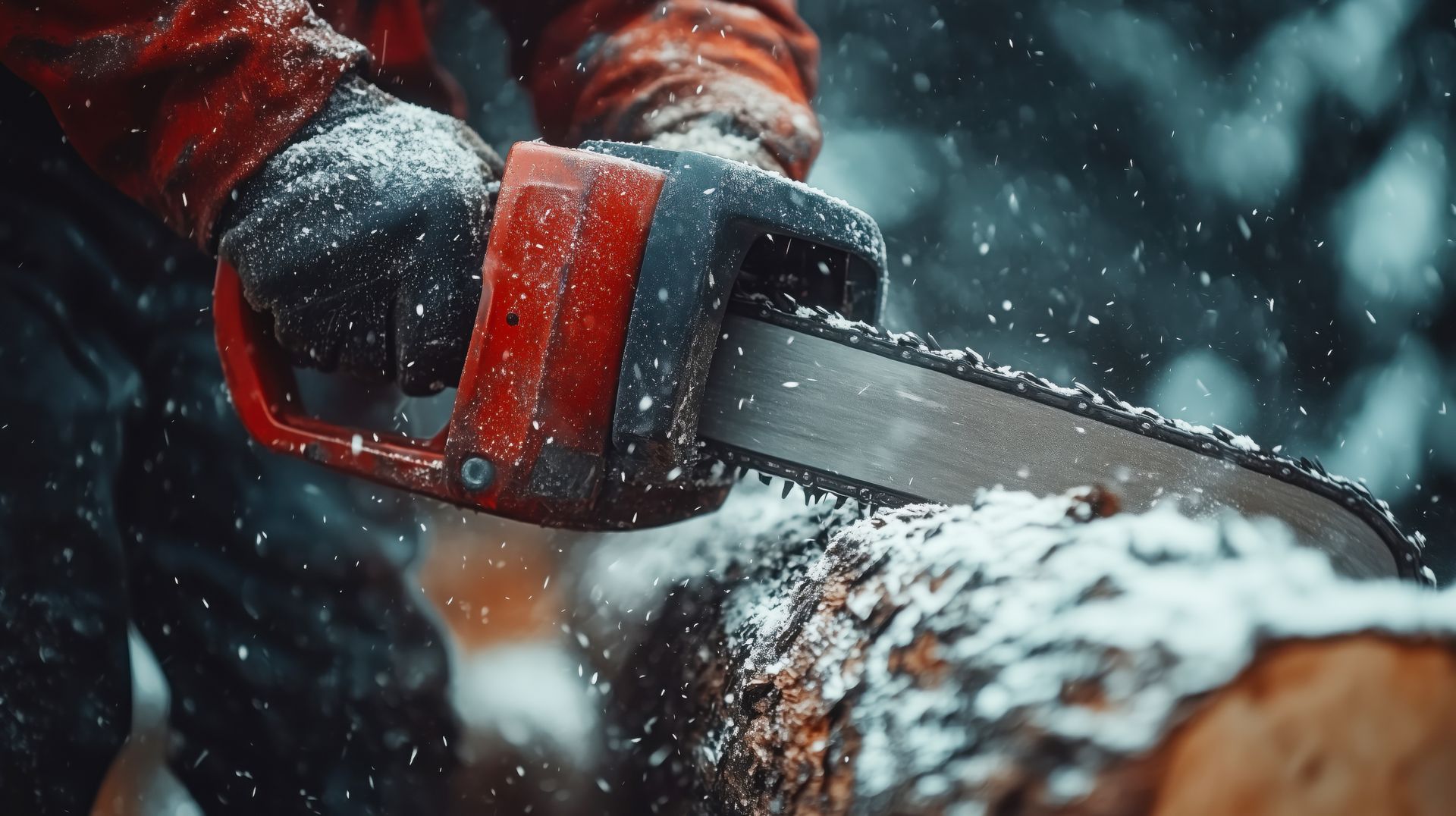 A close-up of an arborist operating a chainsaw to fell a tree in a wintry wooded area.