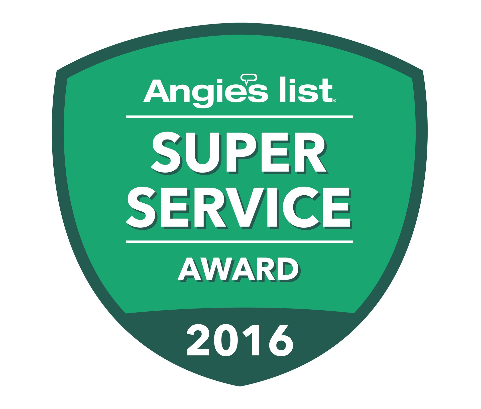 A green shield with the words `` angie 's list super service award 2016 '' written on it.