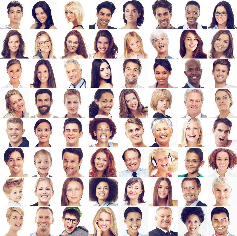 A collage of people 's faces on a white background