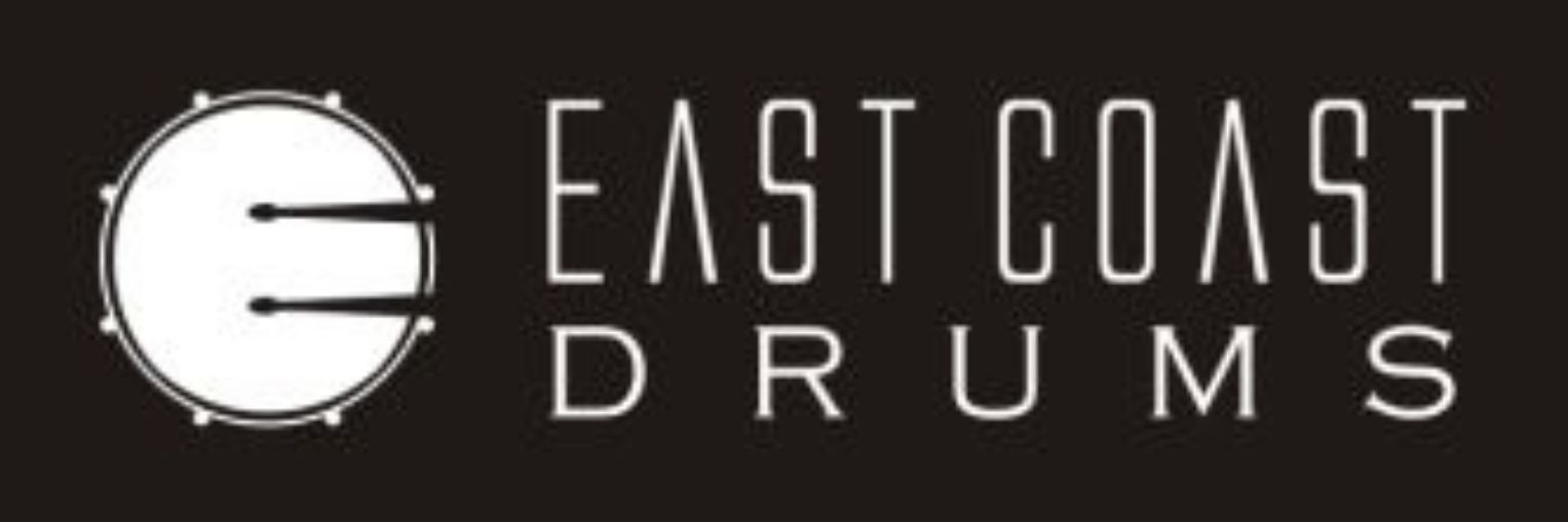 Logo for East Coast Drums: drum icon with drumsticks, white text on black background.