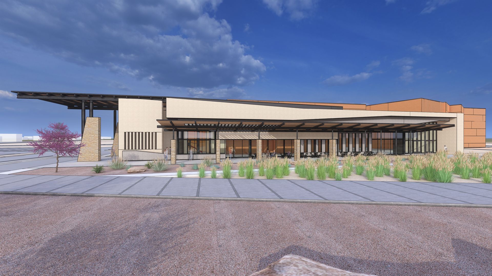 Rendering of a modern, single-story building with a flat roof and large windows, desert landscaping.