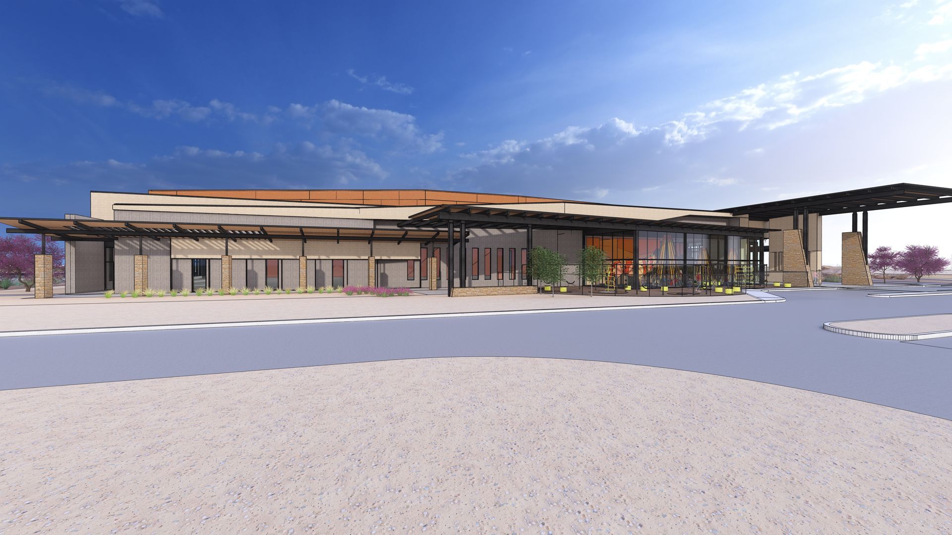 Rendering of a modern, one-story building with a flat roof, large windows, and an overhang; set on a bright, sunny day.