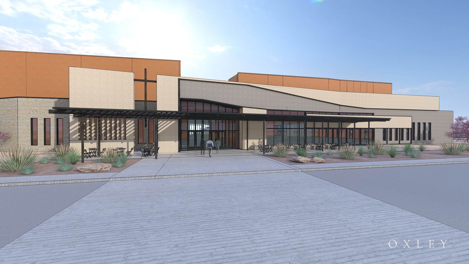 Exterior rendering of a modern church building with a cross, glass entrance, and a paved walkway.