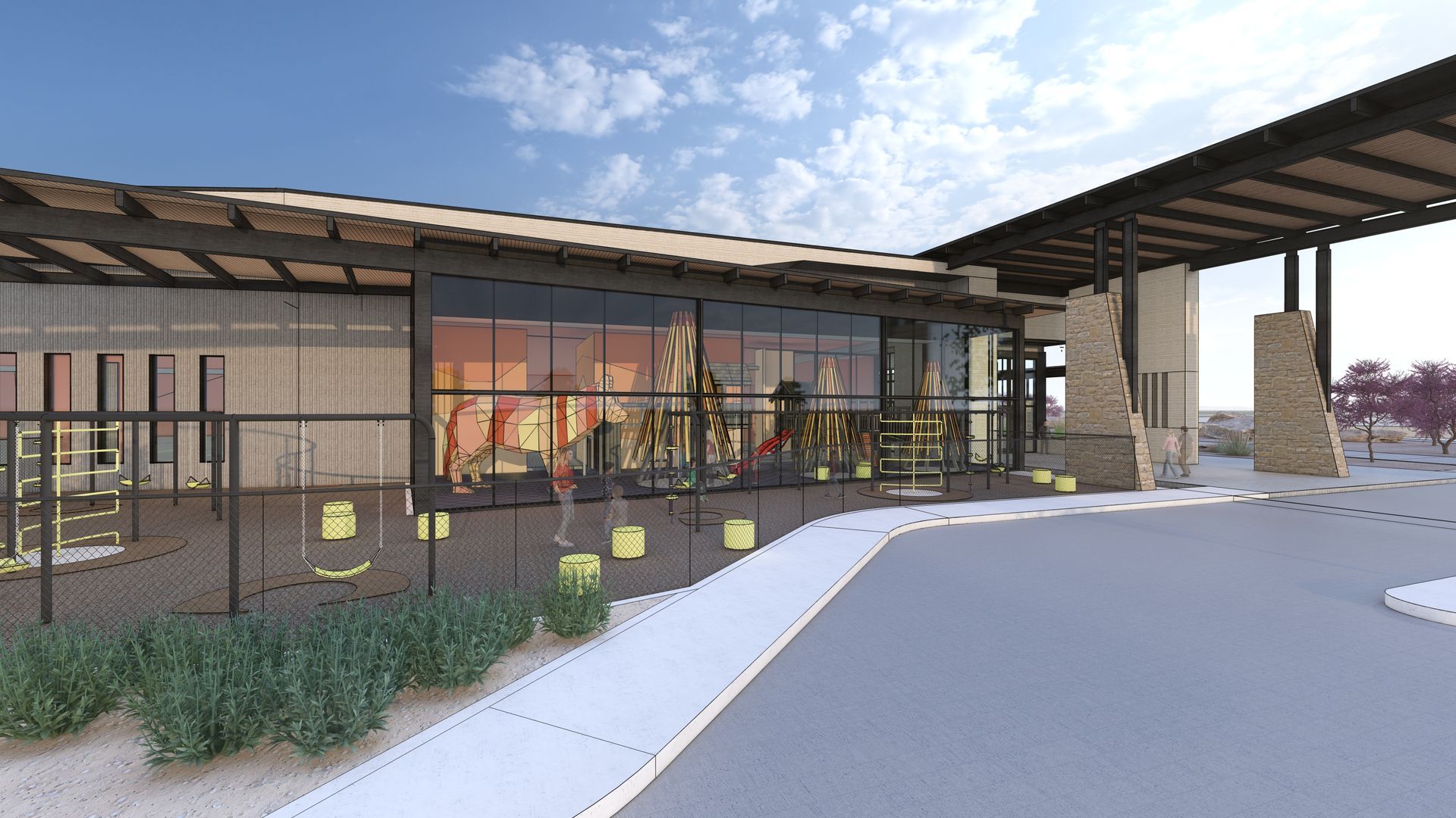 Modern building exterior with glass windows, awning, and entryway with a barrier.