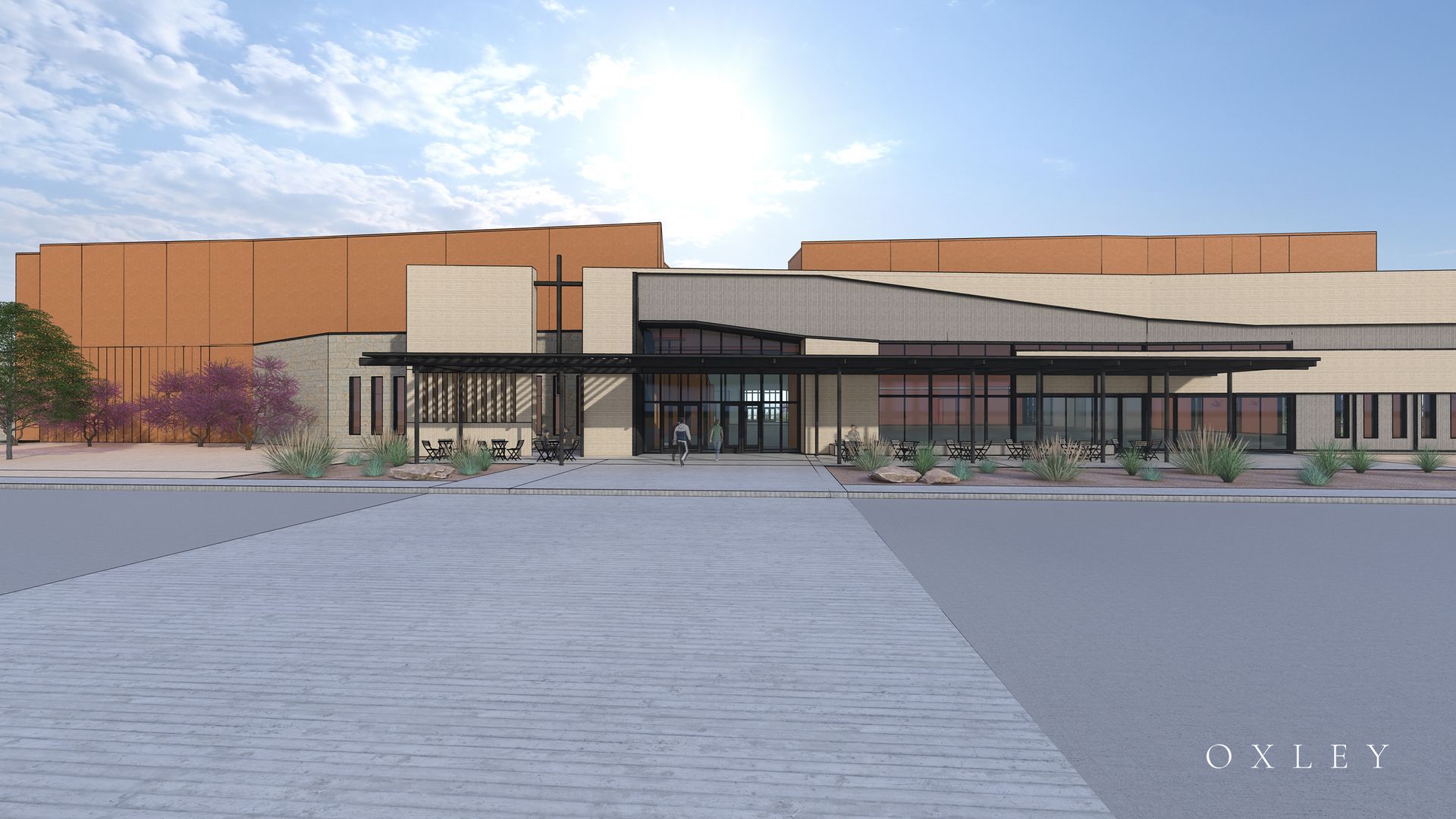 Rendering of a modern church building with beige walls and a cross above the entrance.