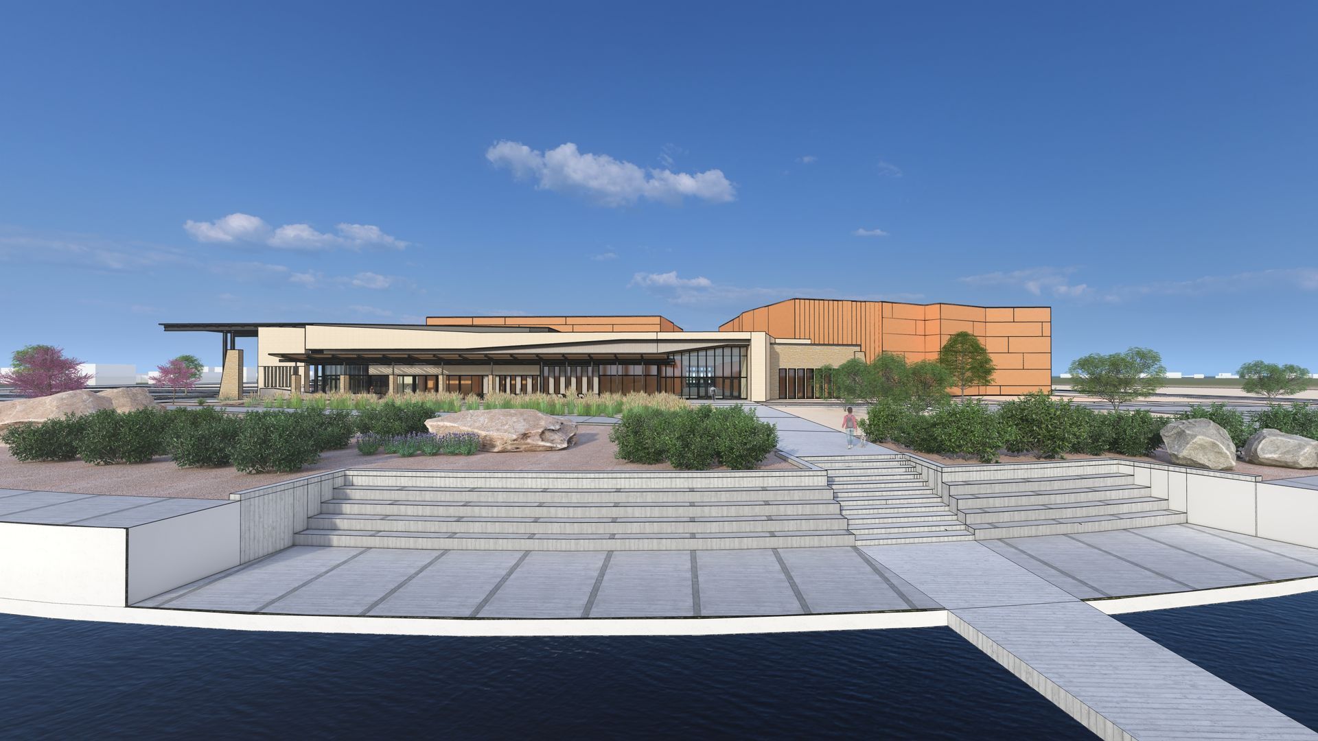 Rendering of modern building with waterfront access, blue sky backdrop.