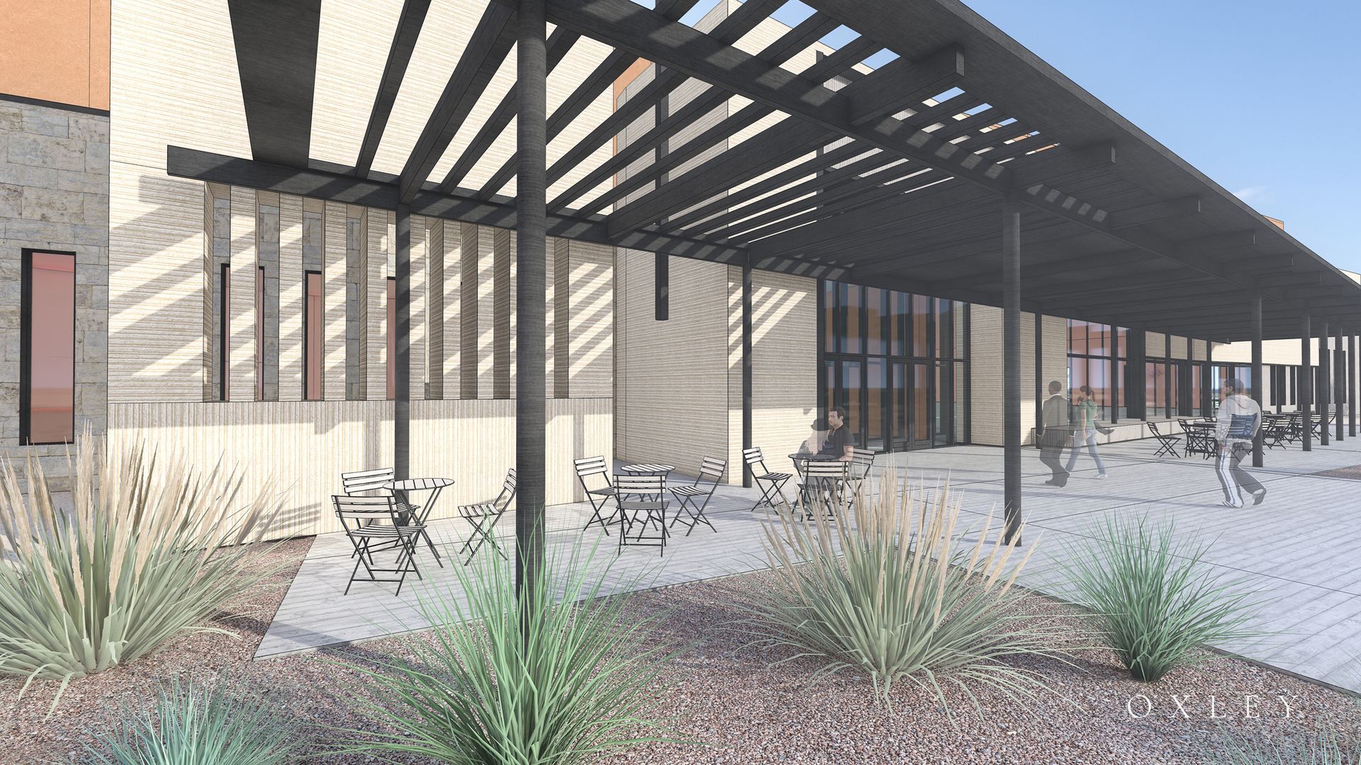Outdoor dining area with a pergola, tables, and chairs. Building with windows and people walking.