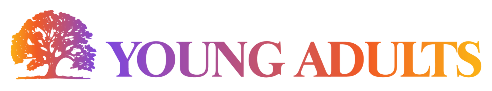 Logo for Young Adults, featuring a colorful tree and text with gradient coloring.