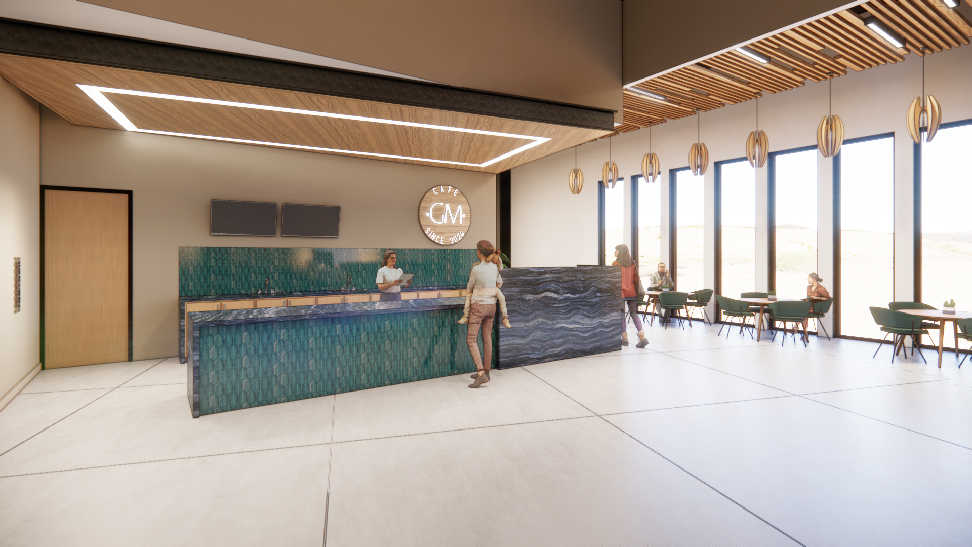 Modern lobby with reception desk, customers, and seating area. Teal marble counter, wood accents, and large windows.