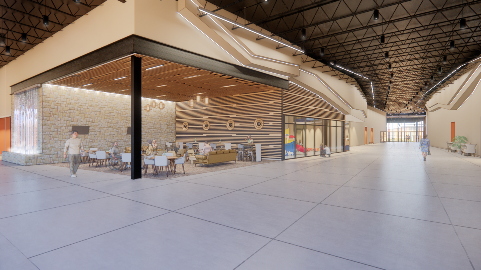 Interior view of a modern building with a large open space and a glass-walled dining area with people.