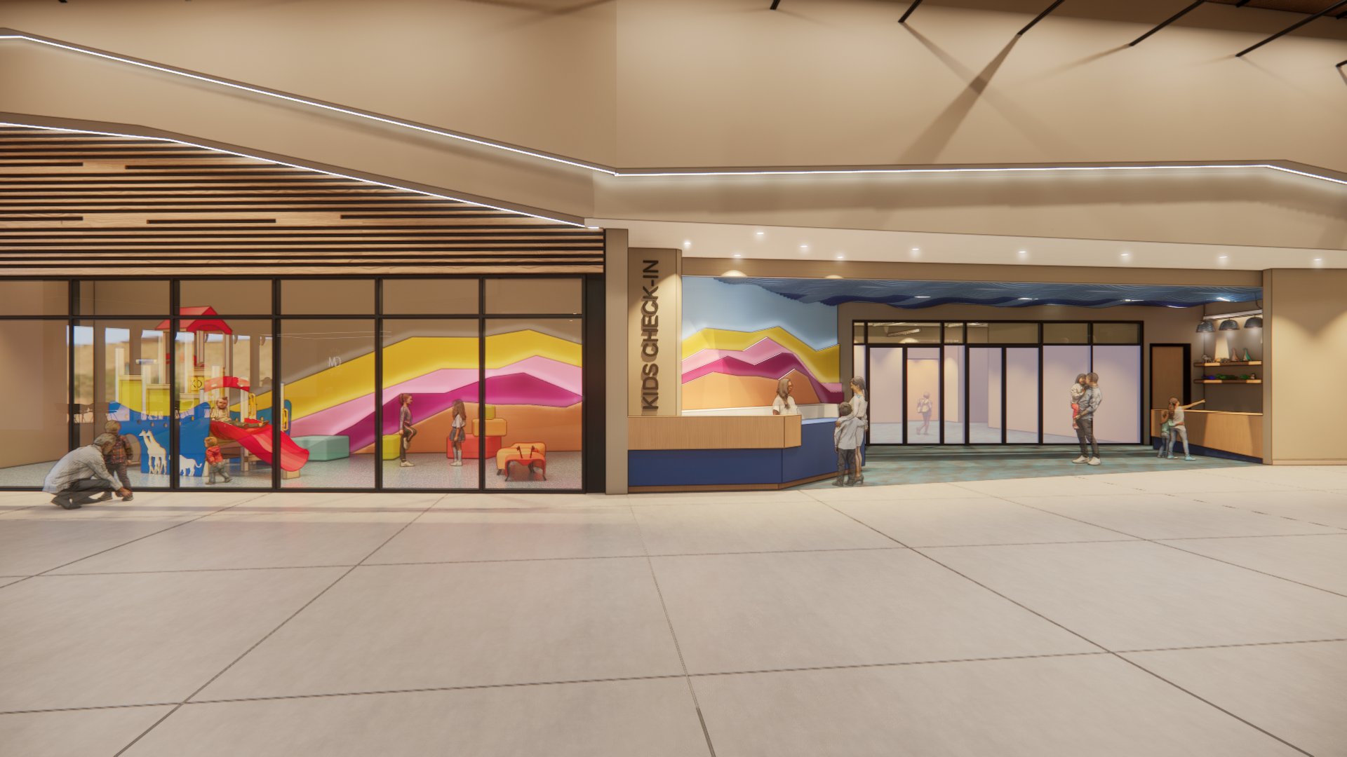 Entrance to a children's play area with colorful mural and playground visible through glass windows.