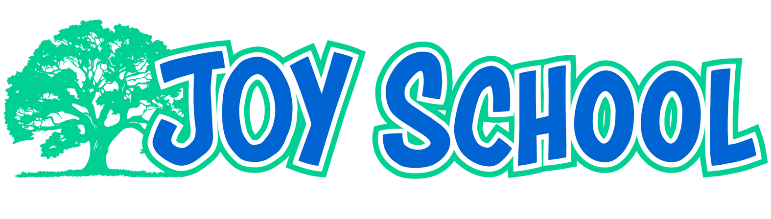 Logo for Joy School, blue text with light green outline, tree graphic in shades of green.