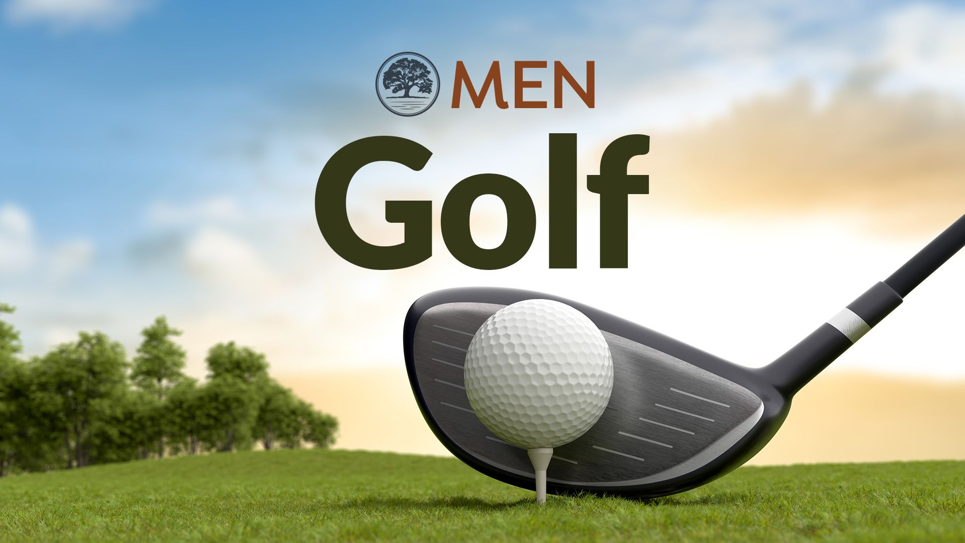 Golf ball on tee with club in grass, text