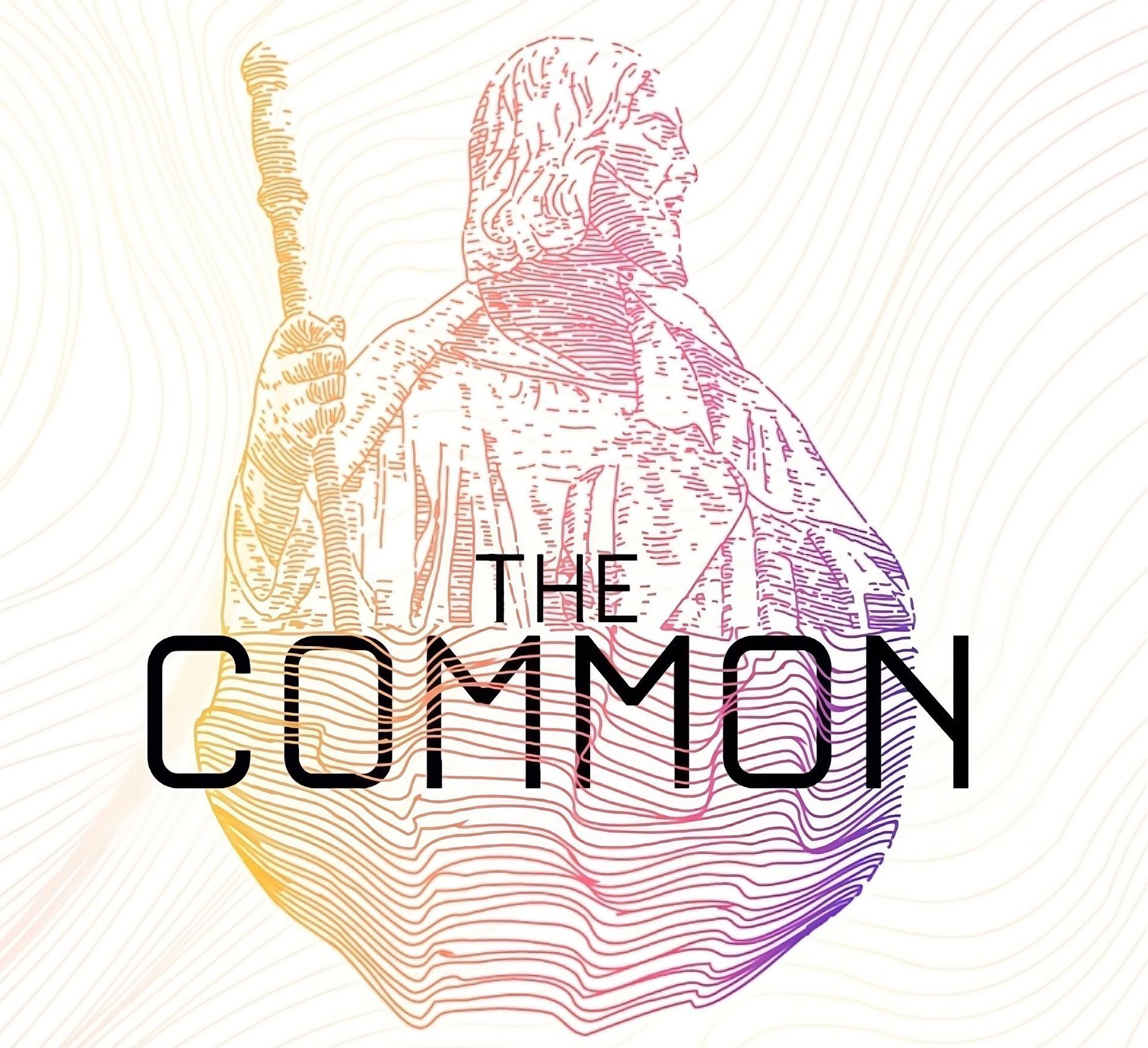 Line art of figure holding staff, text