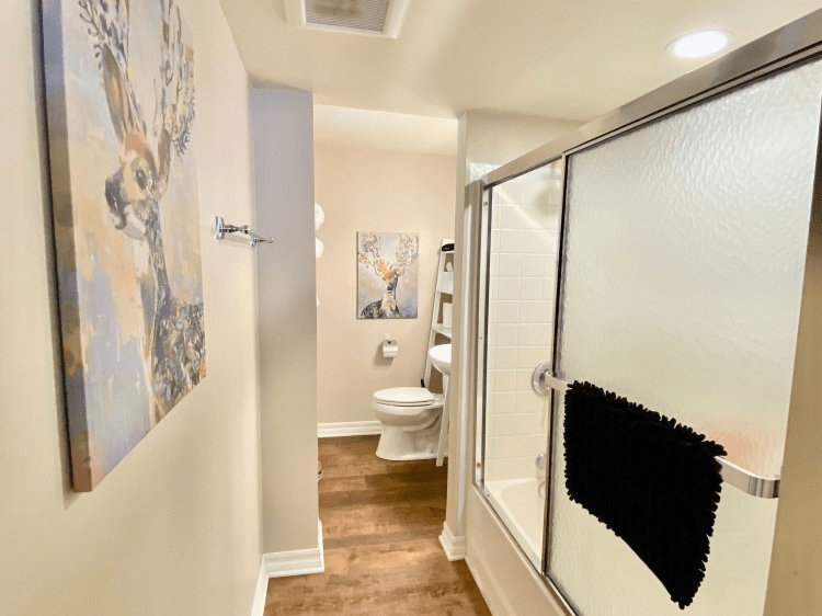 A bathroom with a toilet , sink , and walk in shower.