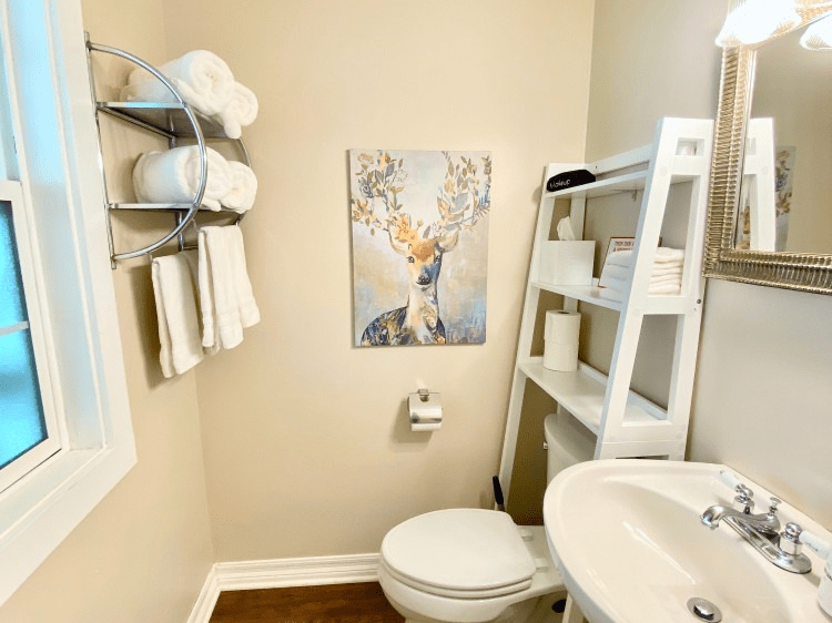 A bathroom with a toilet , sink , mirror and painting on the wall.