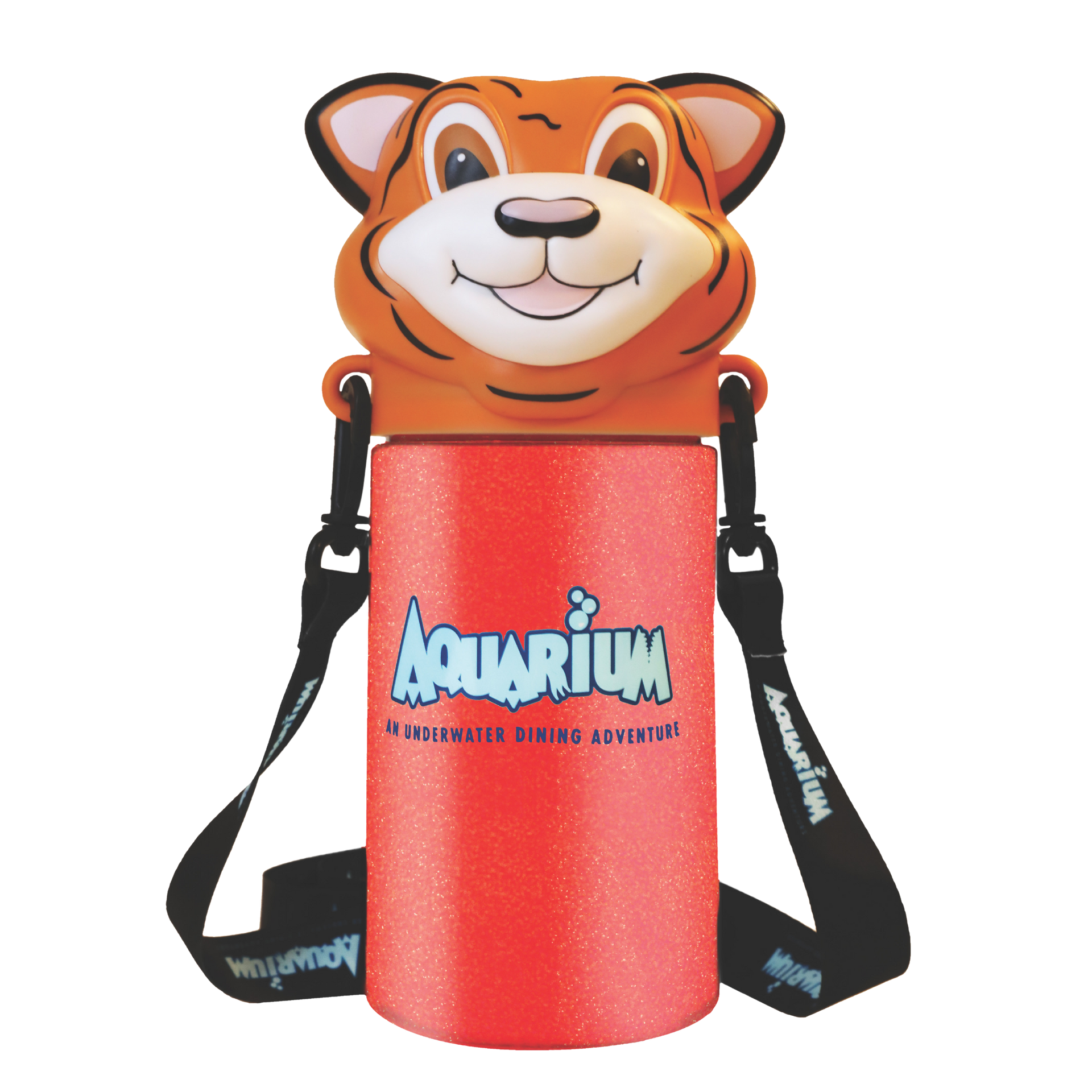 A tiger shaped water bottle with the word aquarium on it