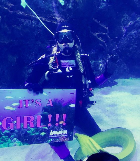 A scuba diver holding a sign that says it 's a girl