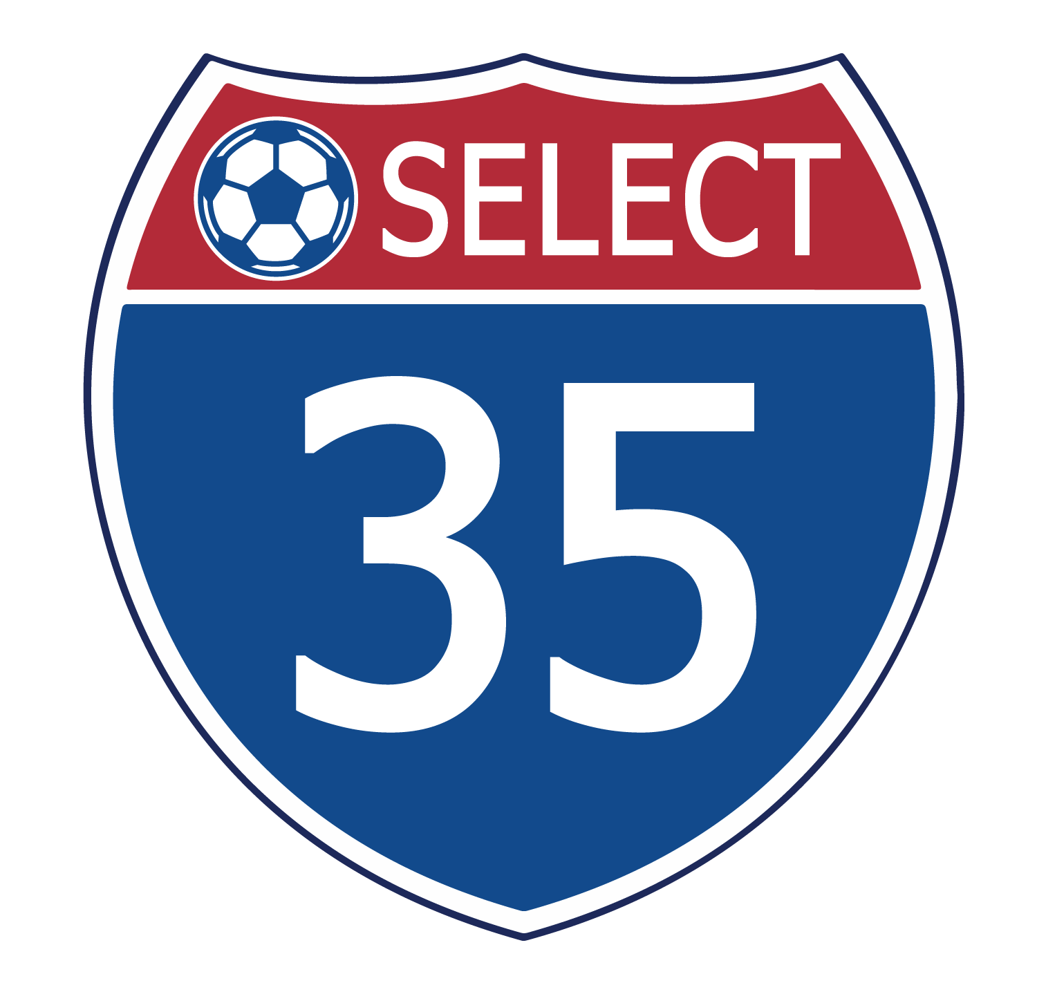 Soccer ball logo within a red bar over blue shield with "35" and "SELECT"